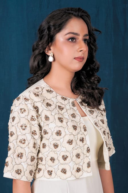 Buy_Saubhagya_Off White Georgette, Linen Pearls, Solid Anarkali With Embroidered Jacket _Online_at_Aza_Fashions