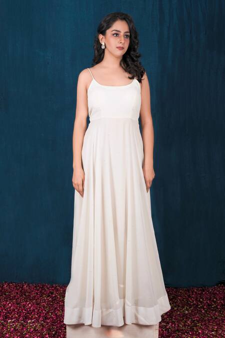 Shop_Saubhagya_Off White Georgette, Linen Pearls, Solid Anarkali With Embroidered Jacket _Online_at_Aza_Fashions