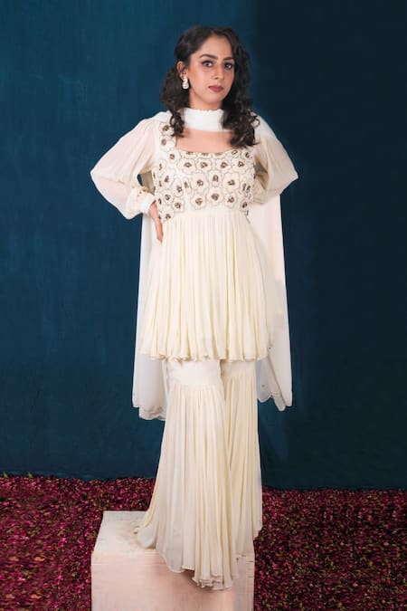 Saubhagya Off White Georgette, Linen Pearls, Floral Embroidered Peplum Kurta Sharara Set 