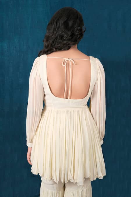 Shop Saubhagya Off White Georgette, Linen Pearls, Floral Embroidered Peplum Kurta Sharara Set at Aza Fashions Shop_Saubhagya_Off White Georgette, Linen Pearls, Floral Embroidered Peplum Kurta Sharara Set _at_Aza_Fashions