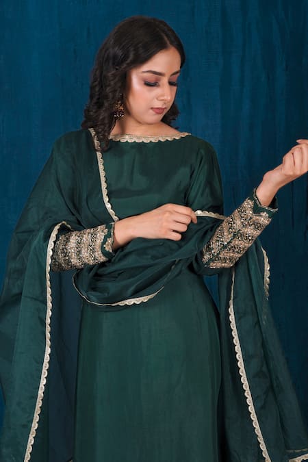 Shop_Saubhagya_Green Organza, Silk Embroidery Boat Neck Scallop Neckline Anarkali Set _Online_at_Aza_Fashions