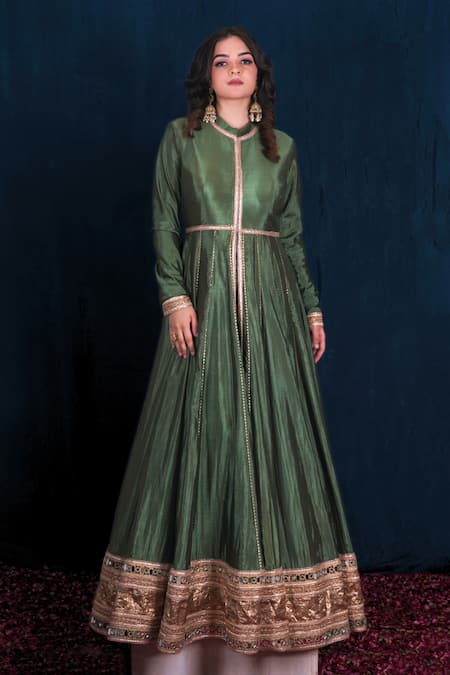 Saubhagya Green Silk, Organza, Microfiber Embroidery, Gota Patti, Border Anarkali Set 