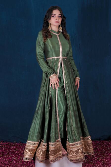 Saubhagya Green Silk, Organza, Microfiber Embroidery, Gota Patti, Border Anarkali Set Online at Aza Fashions Saubhagya_Green Silk, Organza, Microfiber Embroidery, Gota Patti, Border Anarkali Set _Online_at_Aza_Fashions