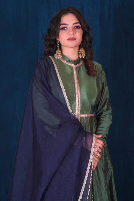 Buy Saubhagya Green Silk, Organza, Microfiber Embroidery, Gota Patti, Border Anarkali Set Online at Aza Fashions Buy_Saubhagya_Green Silk, Organza, Microfiber Embroidery, Gota Patti, Border Anarkali Set _Online_at_Aza_Fashions