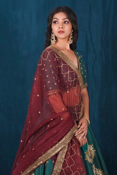 Shop Saubhagya Green Silk, Organza Sequins, Zari, Metallic Raw Embroidered Bridal Lehenga Set Online at Aza Fashions Shop_Saubhagya_Green Silk, Organza Sequins, Zari, Metallic Raw Embroidered Bridal Lehenga Set _Online_at_Aza_Fashions