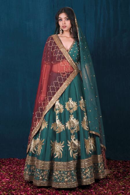 Saubhagya_Green Silk, Organza Sequins, Cut Work, Zari Embroidered Raw Bridal Lehenga Set _Online_at_Aza_Fashions
