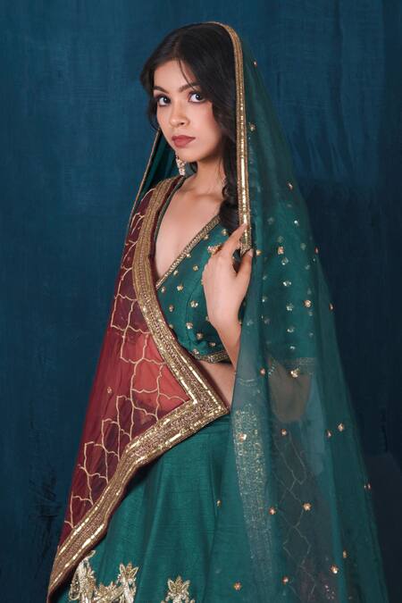 Buy_Saubhagya_Green Silk, Organza Sequins, Cut Work, Zari Embroidered Raw Bridal Lehenga Set _Online_at_Aza_Fashions