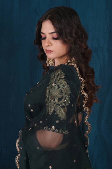 Shop_Saubhagya_Green Silk Organza, Silk, Velvet Scallop Border Embroidered Saree With Blouse _Online_at_Aza_Fashions
