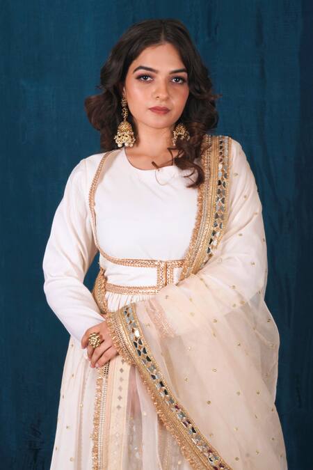 Buy_Saubhagya_Off White Organza, Silk Sequins, Fringe Gota Embroidered Anarkali With Dupatta _Online_at_Aza_Fashions