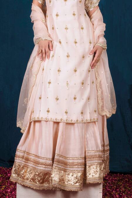Saubhagya_Pink Chanderi Silk, Organza Sequins, Metallic Embroidered Kurta Skirt Set _Online_at_Aza_Fashions