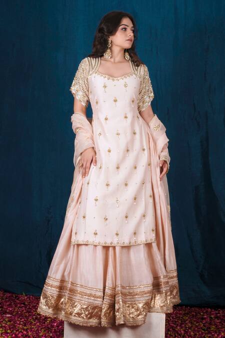 Buy_Saubhagya_Pink Chanderi Silk, Organza Sequins, Metallic Embroidered Kurta Skirt Set _Online_at_Aza_Fashions