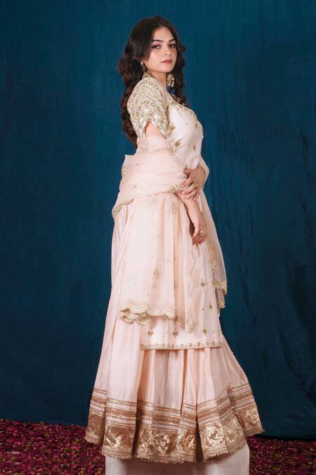 Shop_Saubhagya_Pink Chanderi Silk, Organza Sequins, Metallic Embroidered Kurta Skirt Set _Online_at_Aza_Fashions