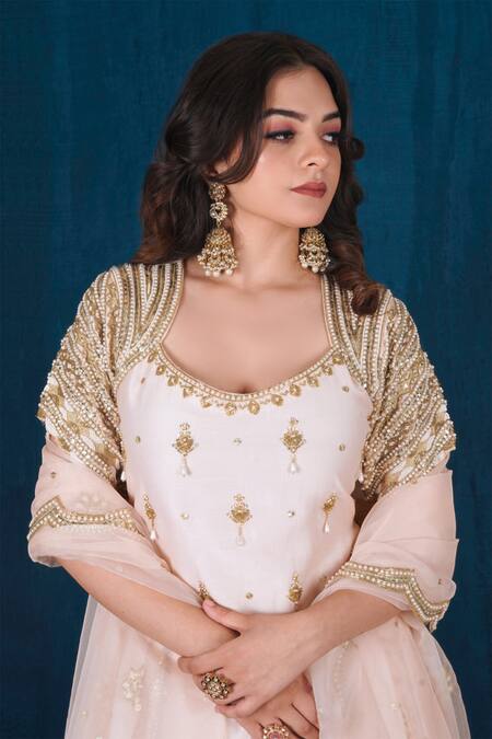 Saubhagya_Pink Chanderi Silk, Organza Sequins, Metallic Embroidered Kurta Skirt Set _at_Aza_Fashions