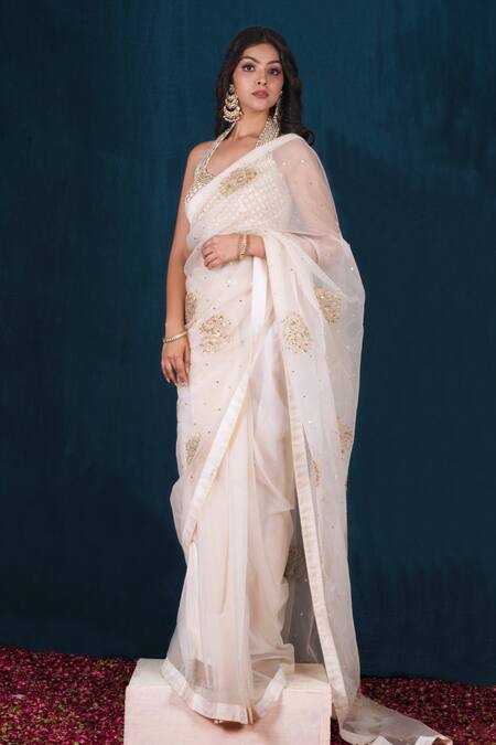 Saubhagya Off White Organza, Cut Work, Embroidered Pre-draped Saree With Blouse Online at Aza Fashions Saubhagya_Off White Organza, Cut Work, Embroidered Pre-draped Saree With Blouse _Online_at_Aza_Fashions