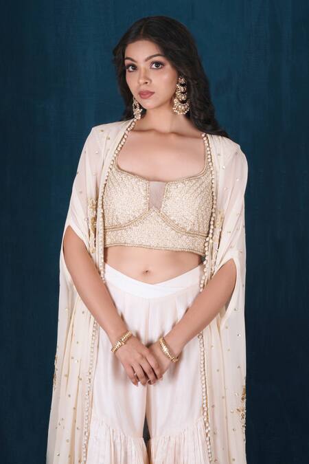 Shop_Saubhagya_Pink Chanderi Silk, Georgette Sequins, Embroidery Square Neck Cape Sharara Set _Online_at_Aza_Fashions