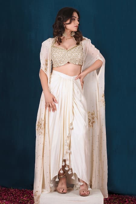 SAUBHAGYA Embroidered Cape Draped Skirt Set 