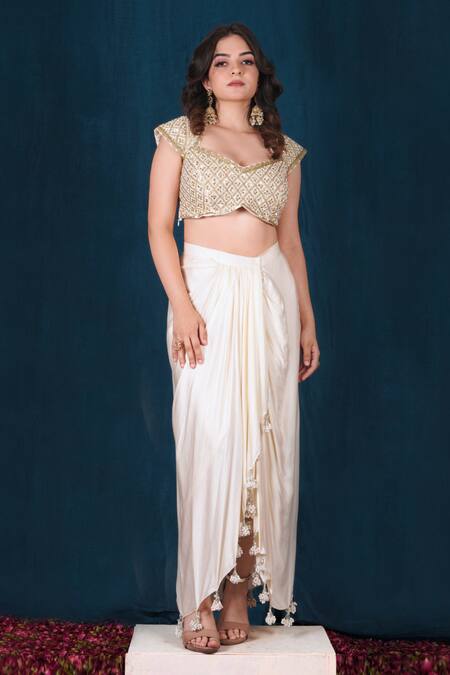 Saubhagya_Off White Silk, Modal, Satin Sequins Embroidered Blouse And Draped Skirt Set _Online_at_Aza_Fashions