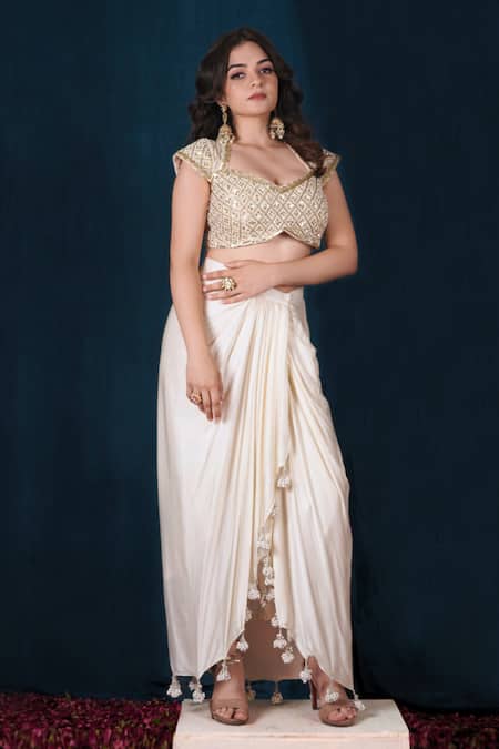 Buy_Saubhagya_Off White Silk, Modal, Satin Sequins Embroidered Blouse And Draped Skirt Set _Online_at_Aza_Fashions