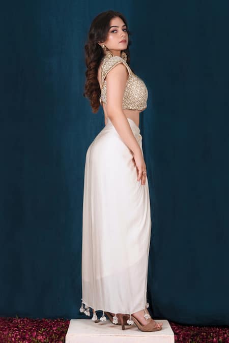 Shop_Saubhagya_Off White Silk, Modal, Satin Sequins Embroidered Blouse And Draped Skirt Set _Online_at_Aza_Fashions