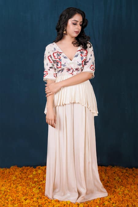 SAUBHAGYA Off White Crepe Embroidery Cutdana V Resham Work Peplum Kurta And Flared Pant Set 