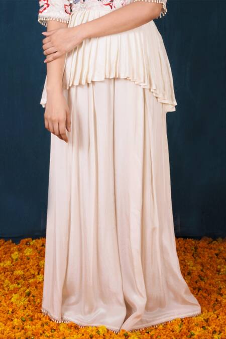 Saubhagya_Off White Crepe, Linen Cut Work, Sequins Resham Peplum Kurta And Flared Pant Set _Online_at_Aza_Fashions