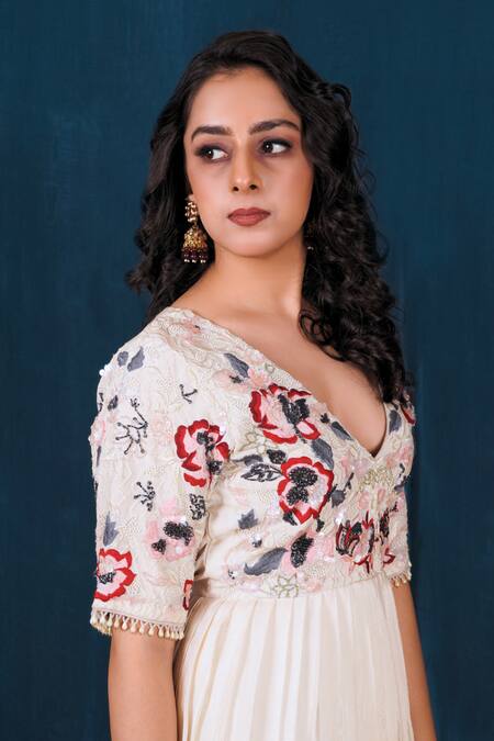 Buy_Saubhagya_Off White Crepe, Linen Cut Work, Sequins Resham Peplum Kurta And Flared Pant Set _Online_at_Aza_Fashions