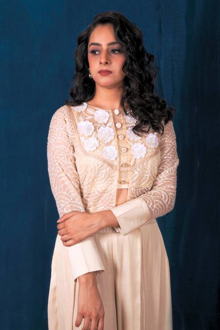 Saubhagya_Off White Organza, Modal, Satin Floral Embroidered Peplum Shirt Pant Set _Online_at_Aza_Fashions