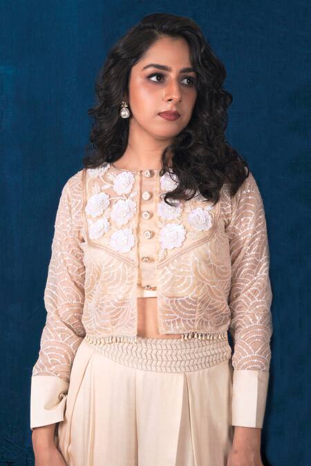 Buy_Saubhagya_Off White Organza, Modal, Satin Floral Embroidered Peplum Shirt Pant Set _Online_at_Aza_Fashions