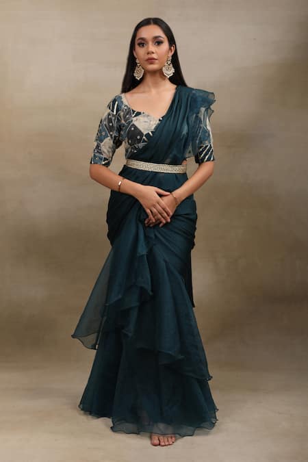 Saubhagya_Green Satin, Chiffon, Organza, Crepe, Pre-draped Ruffle Saree With Blouse _Online_at_Aza_Fashions