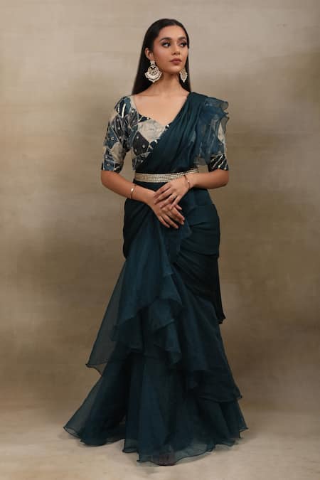 Buy_Saubhagya_Green Satin, Chiffon, Organza, Crepe, Pre-draped Ruffle Saree With Blouse _Online_at_Aza_Fashions
