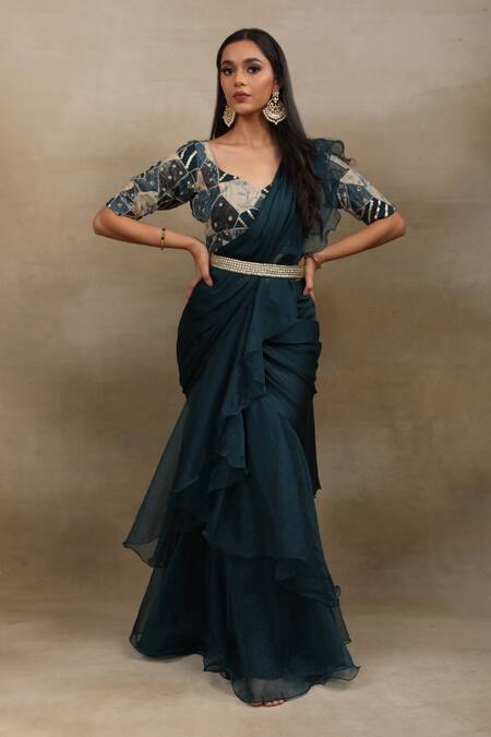 Shop_Saubhagya_Green Satin, Chiffon, Organza, Crepe, Pre-draped Ruffle Saree With Blouse _Online_at_Aza_Fashions
