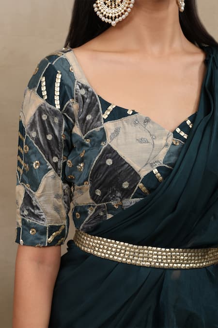 Saubhagya_Green Satin, Chiffon, Organza, Crepe, Pre-draped Ruffle Saree With Blouse _at_Aza_Fashions