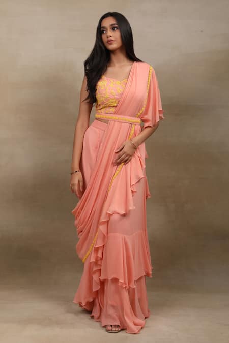 Saubhagya Pre-Draped Ruffle Saree & Embroidered Blouse Set 
