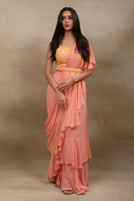 Saubhagya_Peach Georgette Embroidery, Sequins, Pre-draped Ruffle Saree And Blouse Set _Online_at_Aza_Fashions