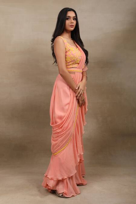 Buy_Saubhagya_Peach Georgette Embroidery, Sequins, Pre-draped Ruffle Saree And Blouse Set _Online_at_Aza_Fashions