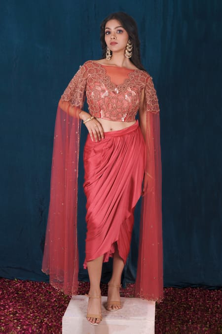 SAUBHAGYA Pink Blouse Tulle Embroidery Floral Straight Neck With Draped Skirt 