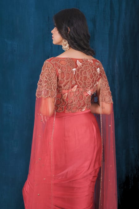 Saubhagya Pink Tulle, Modal, Satin, Linen Embroidery Floral Blouse With Draped Skirt Online at Aza Fashions Saubhagya_Pink Tulle, Modal, Satin, Linen Embroidery Floral Blouse With Draped Skirt _Online_at_Aza_Fashions
