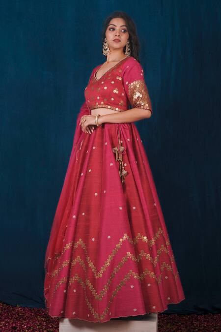 Saubhagya_Pink Silk, Organza Pearls, Diamonds, Metallic Raw Embroidered Lehenga Set _Online_at_Aza_Fashions