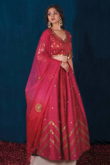 Buy_Saubhagya_Pink Silk, Organza Pearls, Diamonds, Metallic Raw Embroidered Lehenga Set _Online_at_Aza_Fashions