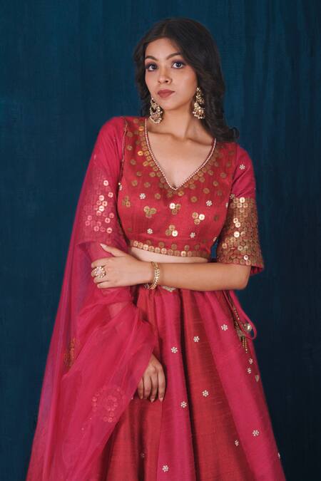 Shop_Saubhagya_Pink Silk, Organza Pearls, Diamonds, Metallic Raw Embroidered Lehenga Set _Online_at_Aza_Fashions