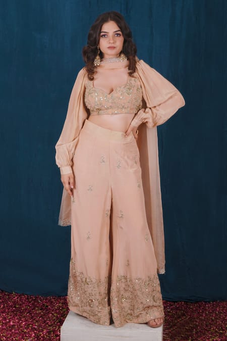 SAUBHAGYA Beige Crepe Embroidery Zari Sweetheart Neck Hand Blouse Wide Legged Pant Set 