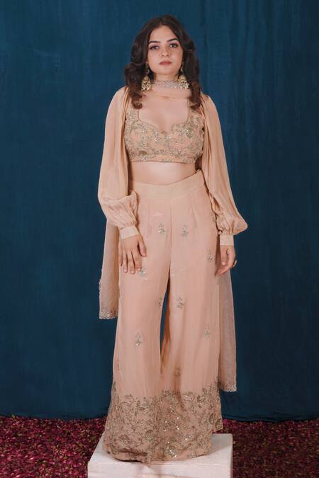 Saubhagya Beige Crepe, Organza Zari, Hand Embroidered Blouse Wide Legged Pant Set Online at Aza Fashions Saubhagya_Beige Crepe, Organza Zari, Hand Embroidered Blouse Wide Legged Pant Set _Online_at_Aza_Fashions