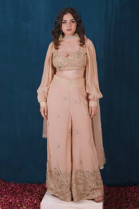Buy Saubhagya Beige Crepe, Organza Zari, Hand Embroidered Blouse Wide Legged Pant Set Online at Aza Fashions Buy_Saubhagya_Beige Crepe, Organza Zari, Hand Embroidered Blouse Wide Legged Pant Set _Online_at_Aza_Fashions