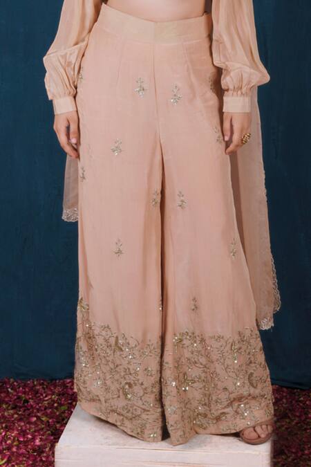 Shop Saubhagya Beige Crepe, Organza Zari, Hand Embroidered Blouse Wide Legged Pant Set Online at Aza Fashions Shop_Saubhagya_Beige Crepe, Organza Zari, Hand Embroidered Blouse Wide Legged Pant Set _Online_at_Aza_Fashions