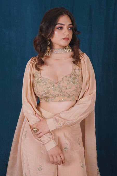 Saubhagya Beige Crepe, Organza Zari, Hand Embroidered Blouse Wide Legged Pant Set at Aza Fashions Saubhagya_Beige Crepe, Organza Zari, Hand Embroidered Blouse Wide Legged Pant Set _at_Aza_Fashions