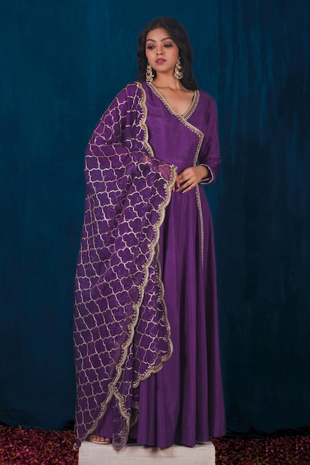 SAUBHAGYA Purple Anarkali Opada Silk Hand Embroidery Zari V Neck With Dupatta 