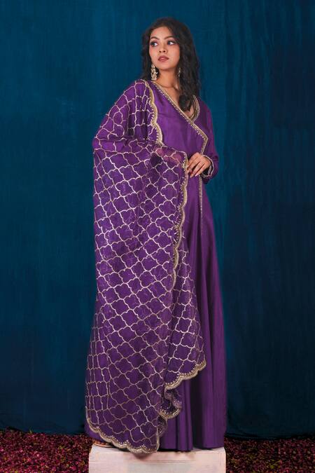 Saubhagya_Purple Organza, Silk Cut Work, Diamonds Anarkali With Hand Embroidered Dupatta _Online_at_Aza_Fashions