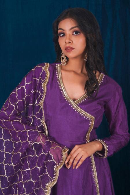 Buy_Saubhagya_Purple Organza, Silk Cut Work, Diamonds Anarkali With Hand Embroidered Dupatta _Online_at_Aza_Fashions