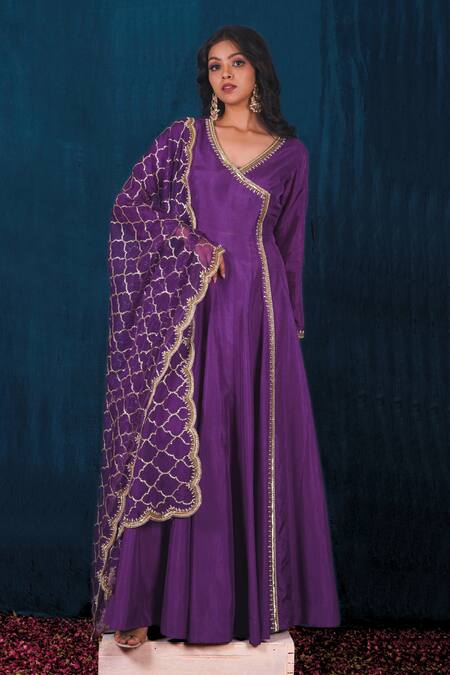 Shop_Saubhagya_Purple Organza, Silk Cut Work, Diamonds Anarkali With Hand Embroidered Dupatta _Online_at_Aza_Fashions