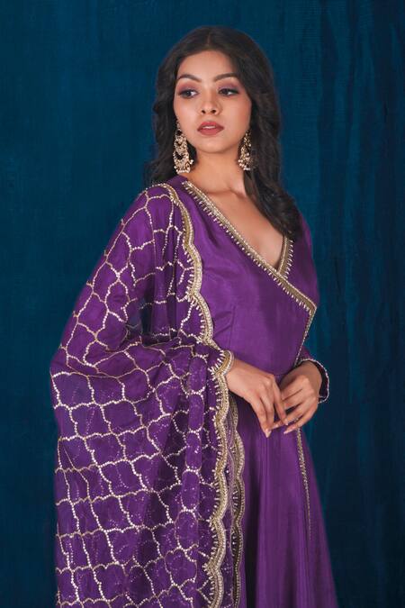 Saubhagya_Purple Organza, Silk Cut Work, Diamonds Anarkali With Hand Embroidered Dupatta _at_Aza_Fashions